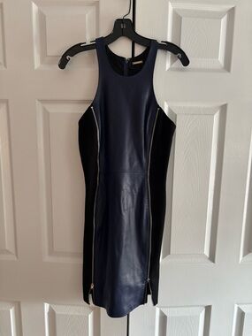 Rebecca Minkoff Navy and Black Faux-Leather Panel Mini Dress